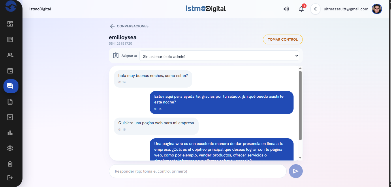 Conversación real de WhatsApp atendida por el Agente Cognitivo de IstmoIA mediante el CRM