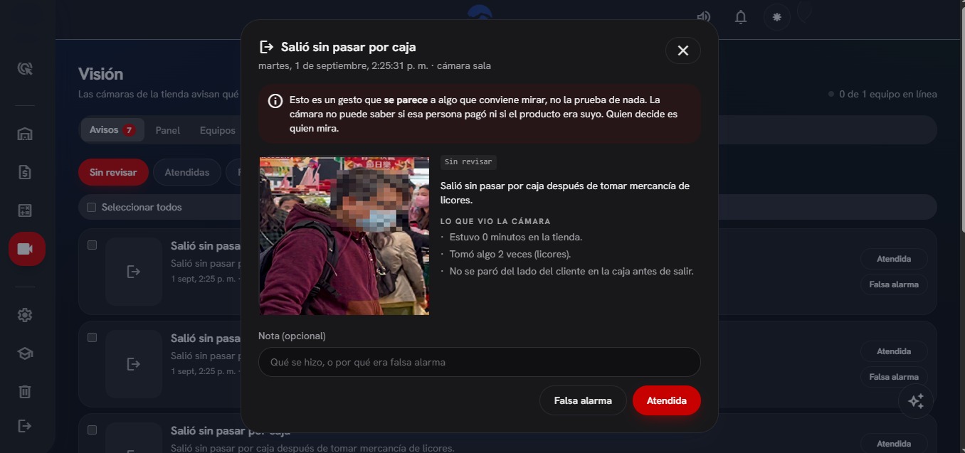 Vision module of IstmoDigital's CRM: alert for leaving without going through the till, with the picture of the moment and the face blurred